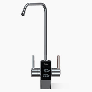 A modern chrome kitchen faucet with a digital display showing temperature readings and two handles, one on each side, against a plain white background.